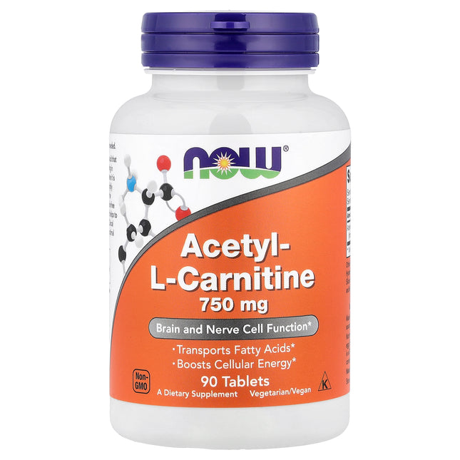 NOW Foods Acetyl-L-Carnitine, 750 mg 90 Tablets - front of pack