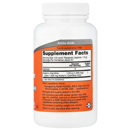 NOW Foods Acetyl-L-Carnitine Pure Powder 85 g (3 oz) - back label with supplement facts and ingredients