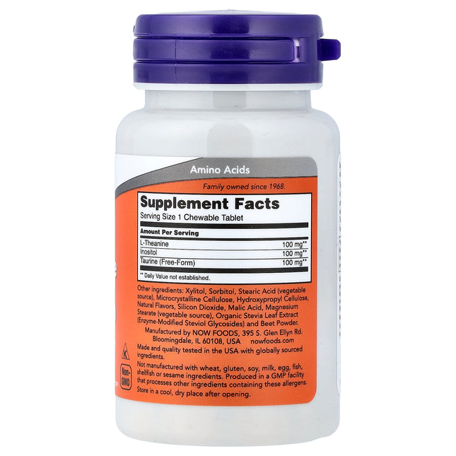 NOW Foods Chewable L-Theanine, Berry, 100 mg, 90 Chewables - supplement facts and ingredients label