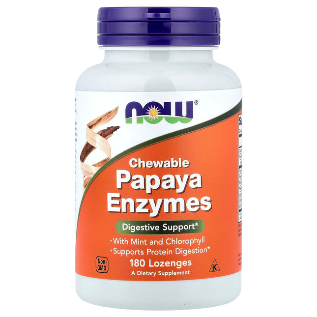 NOW Foods Chewable Papaya Enzymes 180 lozenges bottle, front of pack