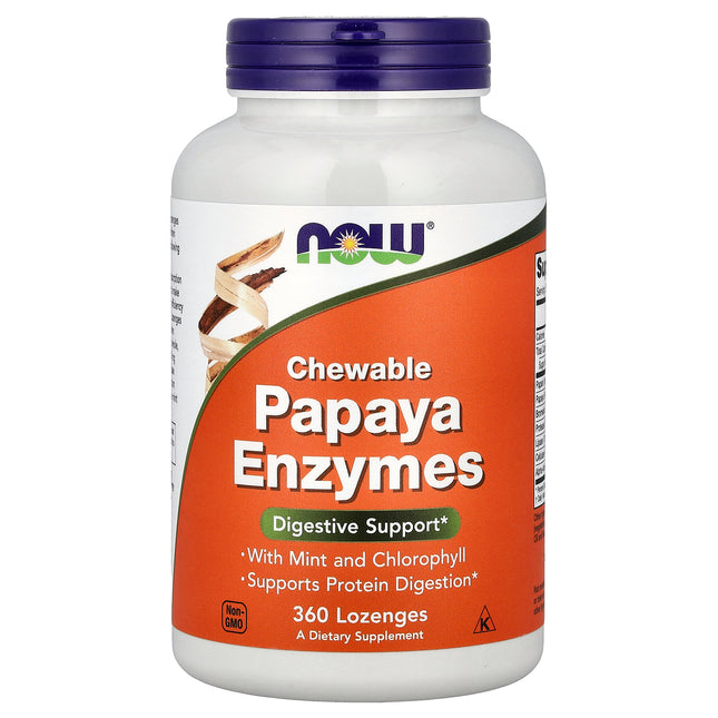 NOW Foods Chewable Papaya Enzymes 360 lozenges bottle, front of pack