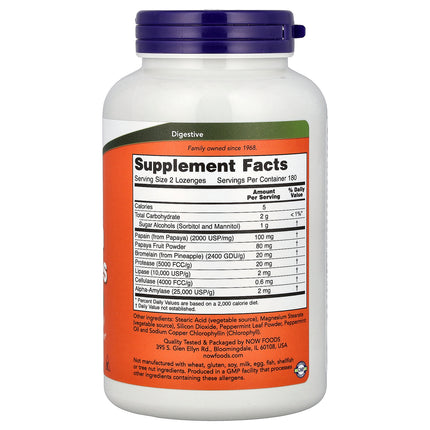 NOW Foods Chewable Papaya Enzymes bottle back label with supplement facts and ingredients