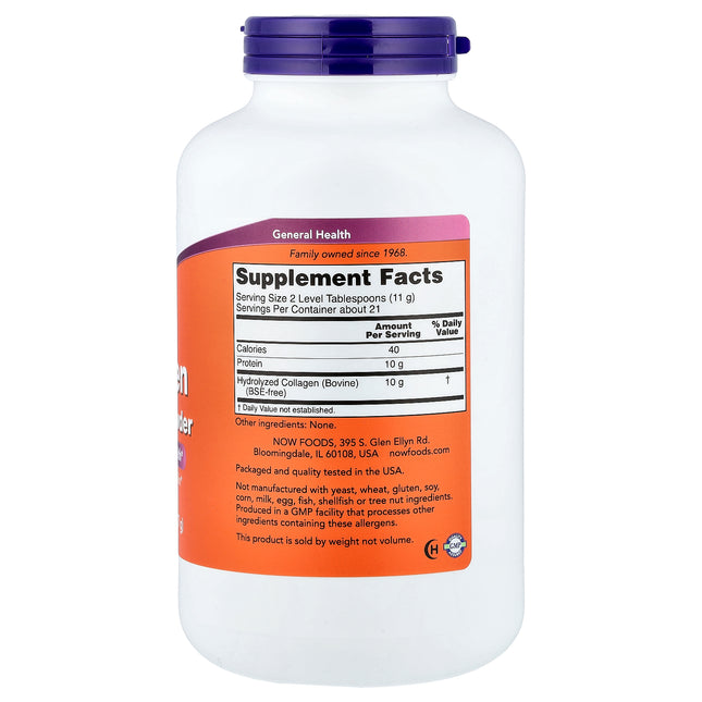 NOW Foods Collagen Peptides Powder - Back label with supplement facts and ingredients