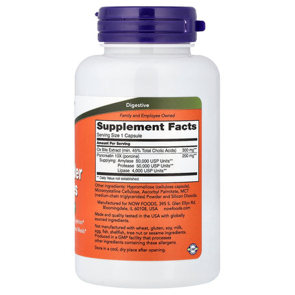 NOW Foods Gallbladder Enzymes bottle back label with supplement facts and ingredients