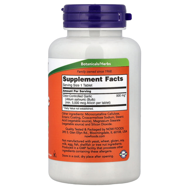 NOW Foods Garlic 5000 90 Tablets - back label with Supplement Facts and ingredients