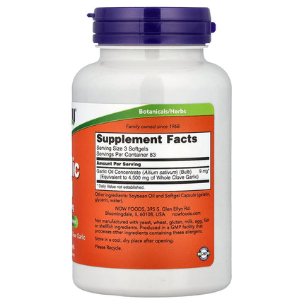 NOW Foods Garlic Oil 1,500 mg 250 Capsules - back label with Supplement Facts and ingredients