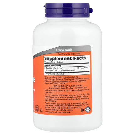 NOW Foods L-Carnitine, 1,000 mg 100 Tablets - back label with supplement facts and ingredients