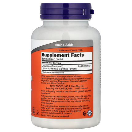 NOW Foods L-Carnitine, 1,000 mg 50 Tablets - back label with supplement facts and ingredients