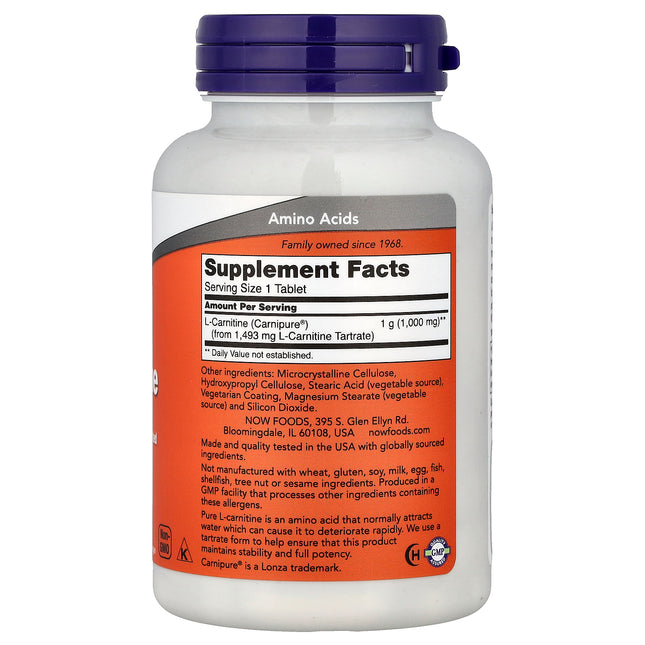 NOW Foods L-Carnitine, 1,000 mg 50 Tablets - back label with supplement facts and ingredients