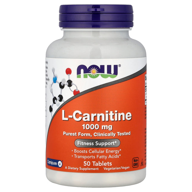 NOW Foods L-Carnitine, 1,000 mg 50 Tablets - front of pack