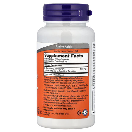 NOW Foods L-Carnitine, 250 mg 60 Veg Capsules - back label with supplement facts and ingredients