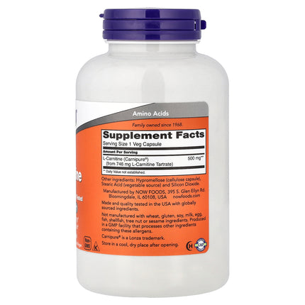 NOW Foods L-Carnitine, 500 mg 180 Veg Capsules - back label with supplement facts and ingredients