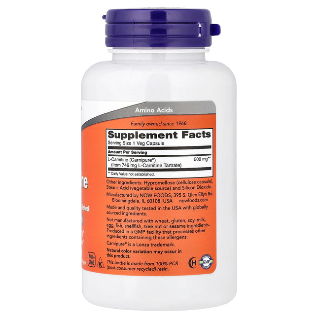 NOW Foods L-Carnitine, 500 mg 60 Veg Capsules - back label with supplement facts and ingredients