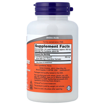 NOW Foods L-Carnitine Pure Powder 85 g (3 oz) - back label with supplement facts and ingredients