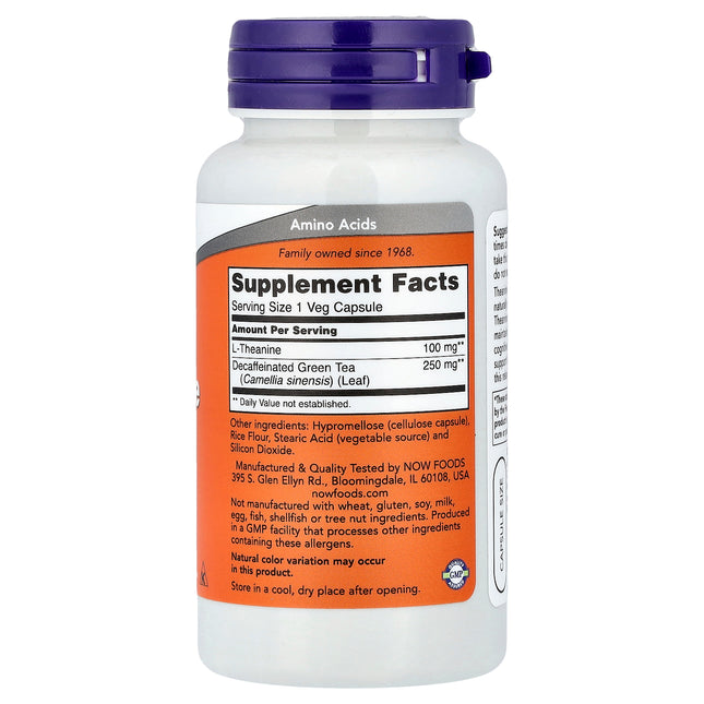 NOW Foods L-Theanine, 90 Veg Capsules - supplement facts and ingredients label