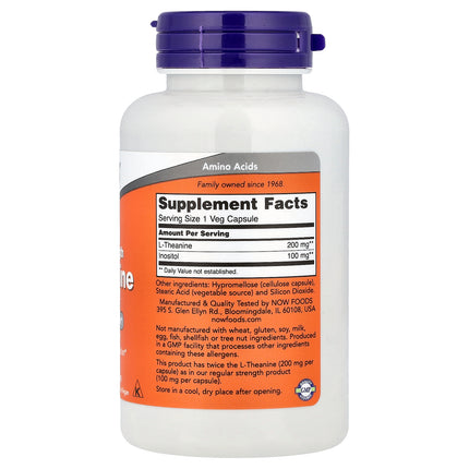 NOW Foods L-Theanine, Double Strength, 200 mg with Inositol, 120 Veg Capsules - supplement facts and ingredients label