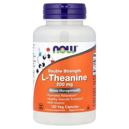 NOW Foods L-Theanine, Double Strength, 200 mg with Inositol, 120 Veg Capsules - product front