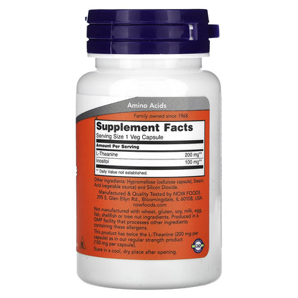 NOW Foods L-Theanine, Double Strength, 200 mg with Inositol, 60 Veg Capsules - supplement facts and ingredients label