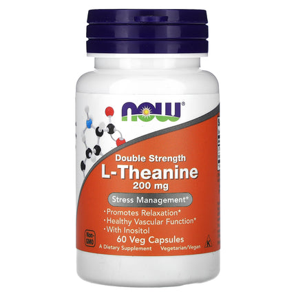 NOW Foods L-Theanine, Double Strength, 200 mg with Inositol, 60 Veg Capsules - product front