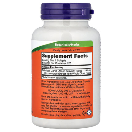NOW Foods Odourless Garlic 250 Capsules - back label with Supplement Facts and ingredients