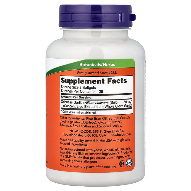 NOW Foods Odourless Garlic 250 Capsules - back label with Supplement Facts and ingredients