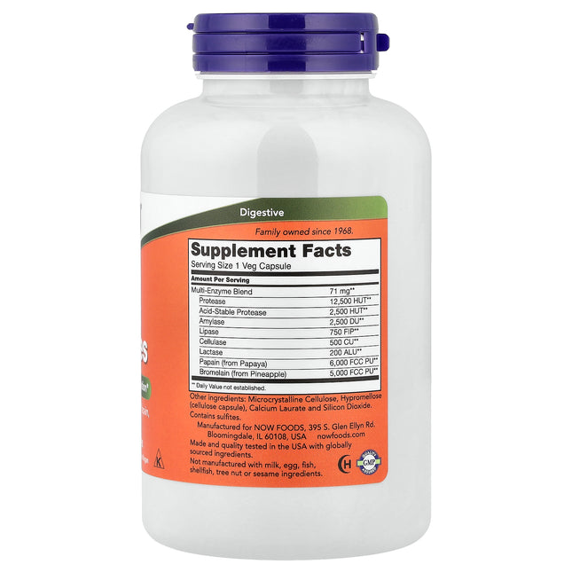 NOW Foods Plant Enzymes bottle back label with supplement facts and ingredients