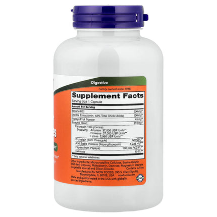 NOW Foods Super Enzymes capsules bottle back label with supplement facts and ingredients