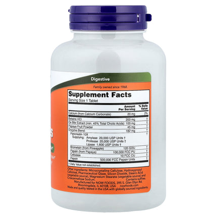 NOW Foods Super Enzymes tablets bottle back label with supplement facts and ingredients