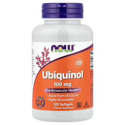 NOW Foods Ubiquinol 100 mg bottle front, 120 softgels