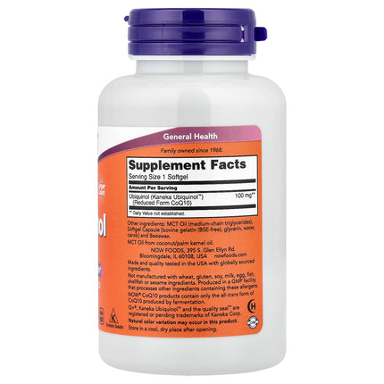 NOW Foods ubiquinol 100 mg 120 softgel bottle showing supplement facts and ingredients