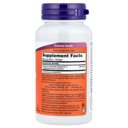 NOW Foods ubiquinol 100 mg 60 softgel bottle showing supplement facts and ingredients