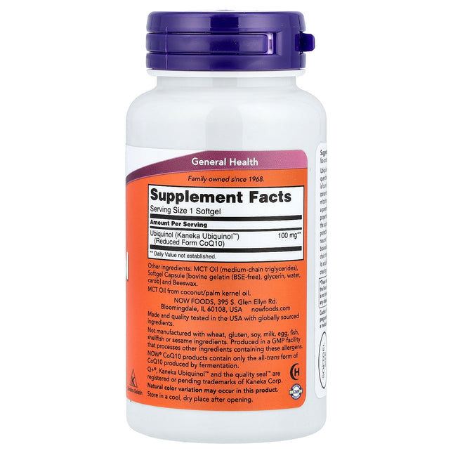 NOW Foods ubiquinol 100 mg 60 softgel bottle showing supplement facts and ingredients