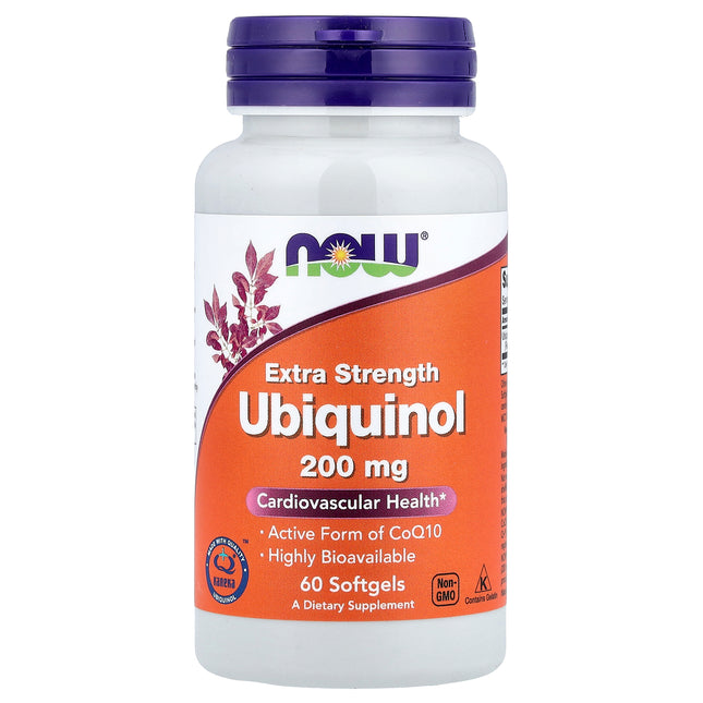 NOW Foods Ubiquinol 200 mg bottle front, 60 softgels