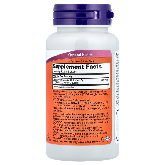 NOW Foods extra strength ubiquinol 200 mg bottle showing supplement facts and ingredients