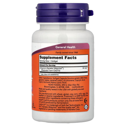 NOW Foods ubiquinol CoQH-CF 50 mg bottle showing supplement facts and ingredients