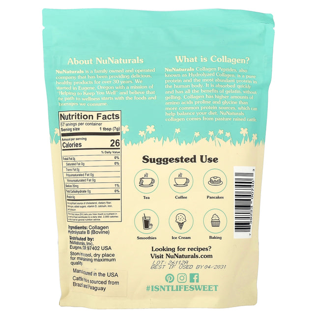 NuNaturals Collagen Peptides, Unflavoured - Back label with supplement facts and ingredients