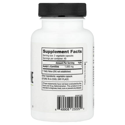 NutraBio Acetyl L-Carnitine, 500 mg 90 Veggie Capsules - back label with supplement facts and ingredients