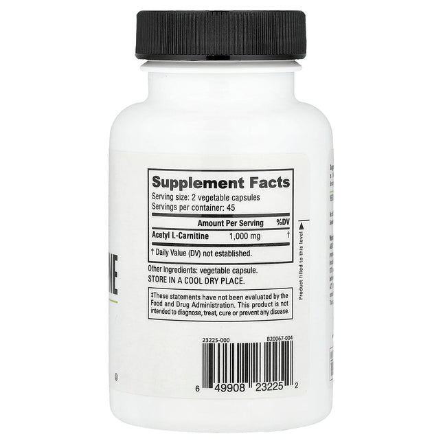 NutraBio Acetyl L-Carnitine, 500 mg 90 Veggie Capsules - back label with supplement facts and ingredients