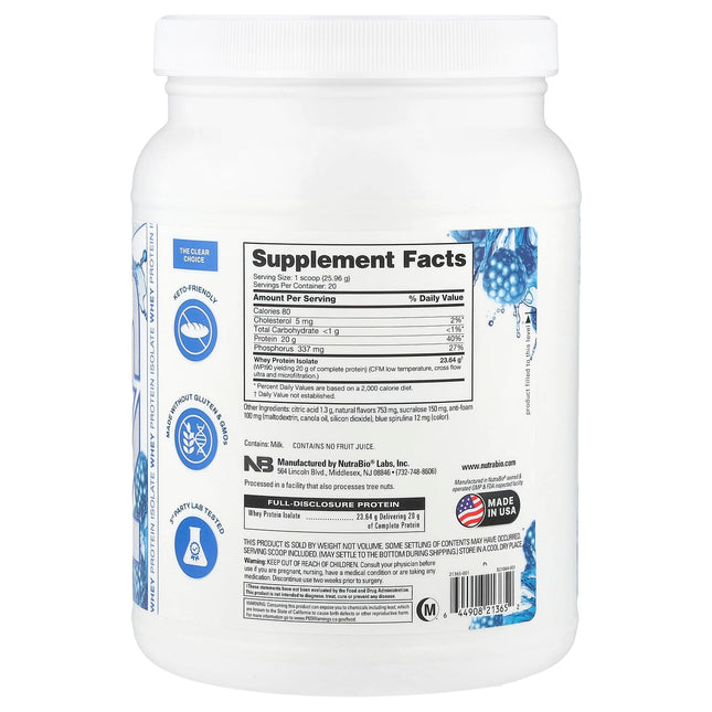 NutraBio Clear Protein Blue Raspberry 519g - Supplement Facts and Ingredients