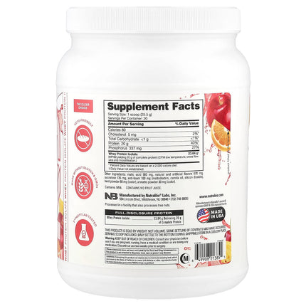 NutraBio Clear Protein Fruit Punch 511g - Supplement Facts and Ingredients
