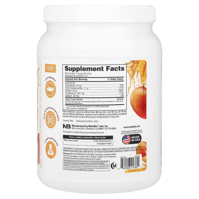 NutraBio Clear Protein Mango Mist 489g - Supplement Facts and Ingredients