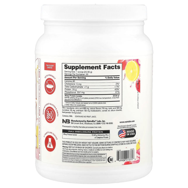NutraBio Clear Protein Strawberry Lemonade 518g - Supplement Facts and Ingredients