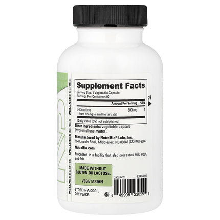 NutraBio L-Carnitine, 500 mg per Capsule 90 Capsules - back label with supplement facts and ingredients
