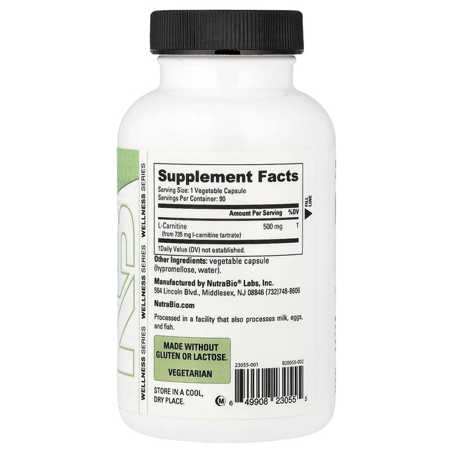 NutraBio L-Carnitine, 500 mg per Capsule 90 Capsules - back label with supplement facts and ingredients