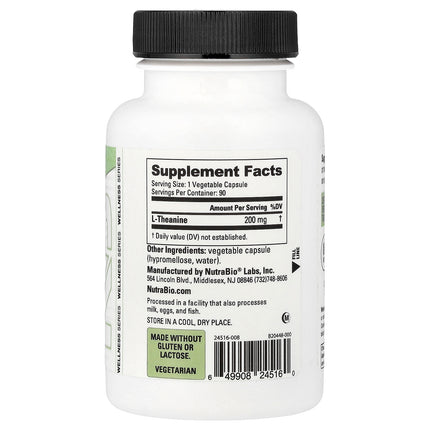 NutraBio L-Theanine, 90 Capsules (200 mg per Capsule) - supplement facts and ingredients label