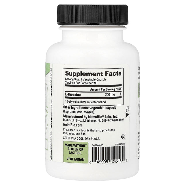 NutraBio L-Theanine, 90 Capsules (200 mg per Capsule) - supplement facts and ingredients label
