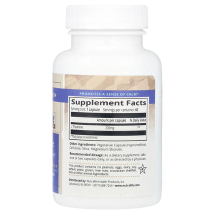 NutraLife L-Theanine, 200 mg, 60 Capsules - supplement facts and ingredients label