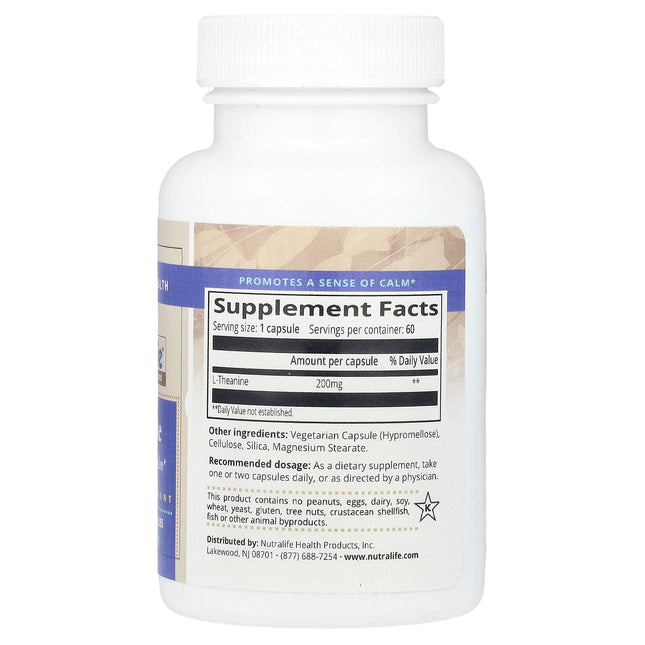 NutraLife L-Theanine, 200 mg, 60 Capsules - supplement facts and ingredients label