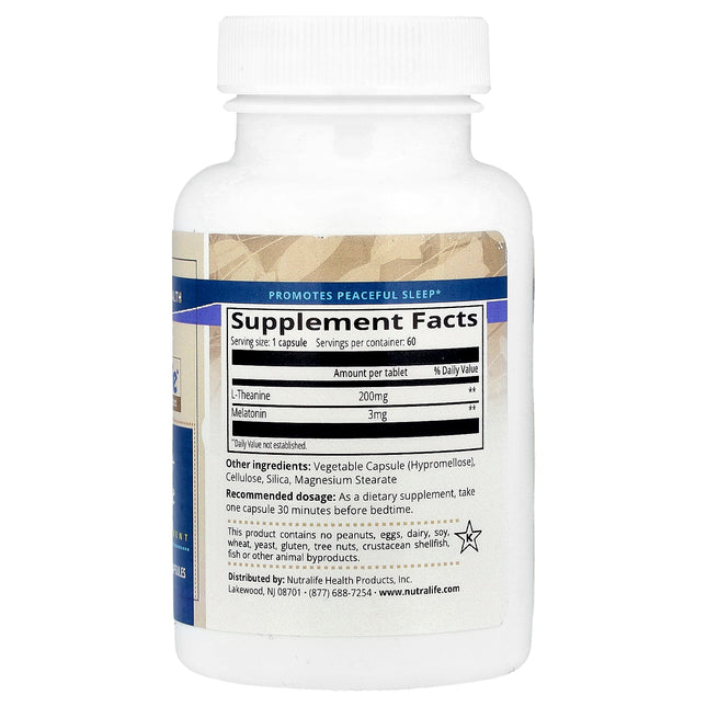 NutraLife Melatonin + L-Theanine, 60 Vegetarian Capsules - supplement facts and ingredients label