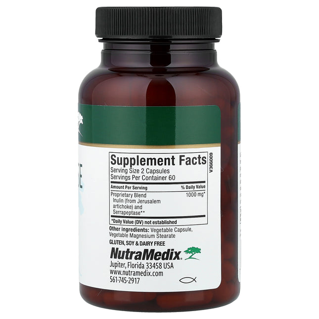 NutraMedix Serrapeptase with Inulin 120 Vegetable Capsules bottle, back label with supplement facts
